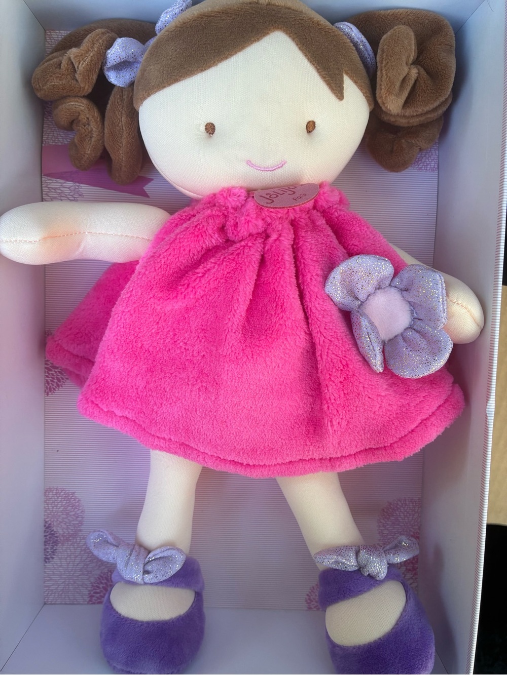 Plush Rag Doll in Bright Pink Dress with Purple Accents